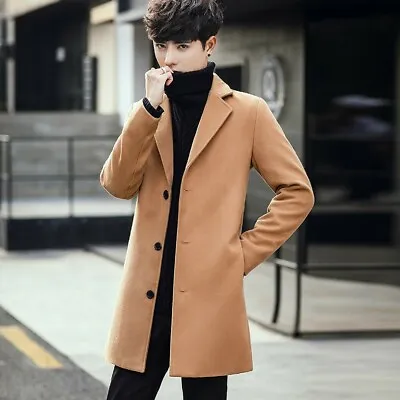 Men's Woolen Jacket Single Breasted Trench Coat Slim Fit Lapel Collar Korean New • $74.99