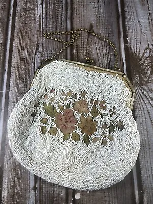 Micro Beaded Purse Gold Frame With Chain Handle Embroidered Antique • $20