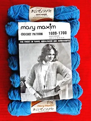 Vintage Mary Maxim Eyelet Cardigan Sweater Knitting Kit Blue Acrylic Yarn  32-38 • $12