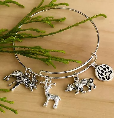 Moose~Deer~Bear~Paw Northern Woods Silver Charm Expandable Bangle Bracelet • $4.25