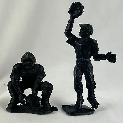 Vintage Baseball Player Toy Figures Lot Of 2 Black Plastic Catcher Baseman 3” • $7