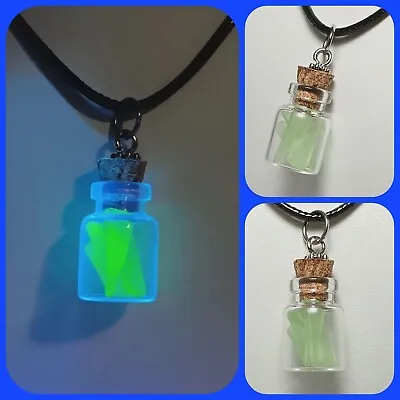 Mini Glass Bottle Filled W/ Uranium Glass Pendant Beach Sea Glass Necklace 24  • $17.10