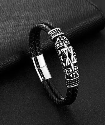 Leather Bracelet Stainless Steel Magnetic Silver Clasp Bangle Black 22cm • £4.95