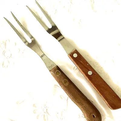 Meat Carving Forks Lot Of 2 Stainless Steel Wood Handle 9-1/2  Long Vintage Used • $22.11