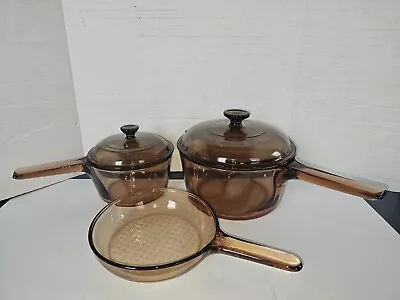 Vtg Visionware Brown Corning USA 5 Pieces  1L Pot  Small Pan France 2.5L Pot • $100