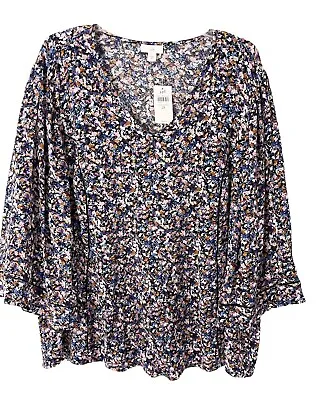 J Jill Blouse Womens 2X Shirred Navy Floral Print Elliptical Hem Lace Trim Top • $38