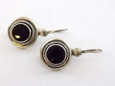 Sterling Silver Round Flat Cab Black Onyx Hook Earrings 925 1.25 Inch Length • $31.10