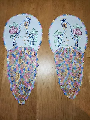 Pair Of Vintage Peacock Embroidered Doilies Pastel Colors 6  X 13  • $13