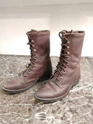 Double H Pebbled Leather Western Boot Womens 4 Lace Up Brown Cottagecore Vintage • $59.99