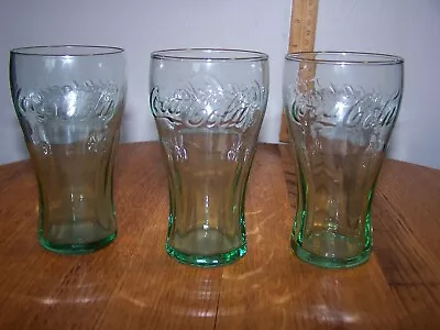 3 VINTAGE MINIATURE COCA - COLA GLASSES. 4.5  Green Tint. Perfect! • $23.99