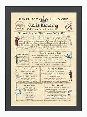 £8.50 • Buy 60th Birthday Gift - Personalised Day You Were Born Print 1963 Mum Dad Men Women