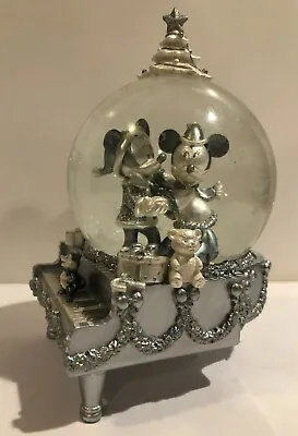 Rare Disney Mickey And Minnie Mouse Silver Piano Christmas Snowglobe - Orig.Box • $41.25
