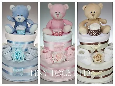 Cute Two 2 Tier Nappy Cake With Teddy Baby Boy Girl Unisex Baby Shower  • £25.99