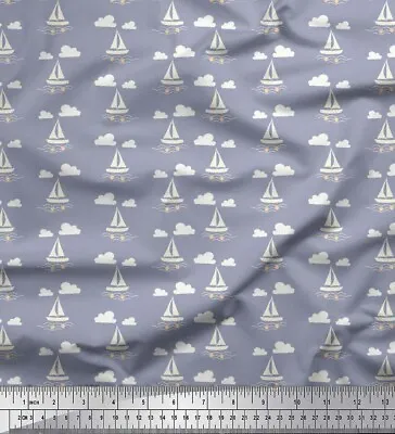 Soimoi Cotton Poplin Fabric Cloud|Fish & Yacht Nautical Print Fabric-sHg • $9
