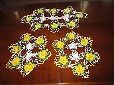 Set Of 3 Vintage Hand Crocheted Daffodil Floral Doilies • $12.50