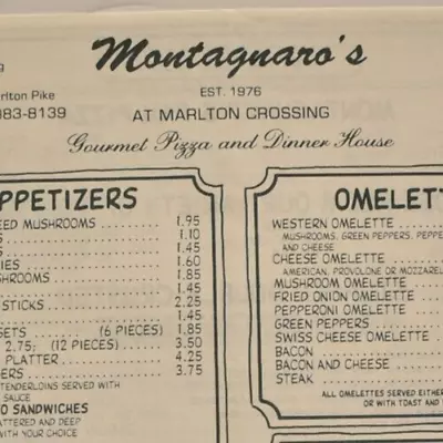 1980s Montagnaro's Pizza Restaurant Menu Marlton Crossing Avian Plaza Voorhees 2 • $37.50