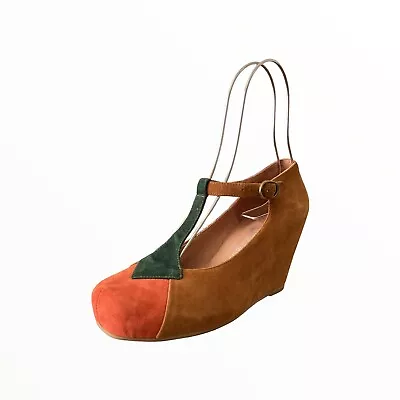 JEFFREY CAMPBELL Suede Color-Block Round Toed Slip-On Strappy Wedge Heels 7 1/2 • £19.29