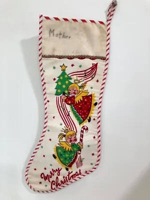 1950's Mother Vintage Flannel Christmas Stocking Angels Music Notes Candy Canes  • $21