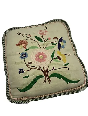 Vintage Throw Pillow Jacobean Crewel Embroidery Decorative Flowers 12 X 13 • $30.80