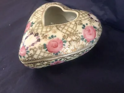 Vintage Nippon  Hair Receiver Heart Shaped Hand Painted Floral & Gold Porcelain • $29.99
