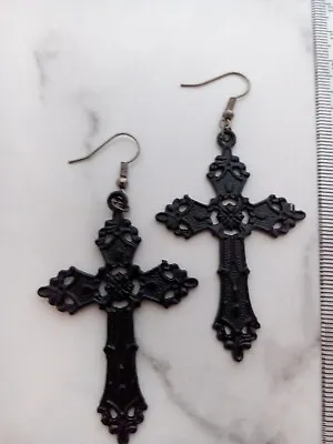 CROSS Pendant Earrings Gothic BLACK XL Big Goth Emo Rock Religion Cosplay Retro • £4.95