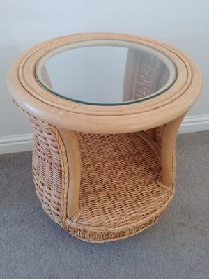 £20 • Buy Round Wicker Side Coffee Table With Glass Top
