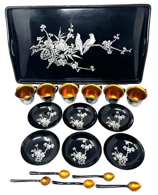 Vintage Japanese Silver & Black Lacquer Maki-e Tray Cups Dishes & Spoons • $99