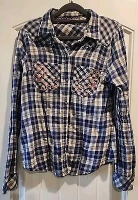 EUC Miss Me Sz Small S Blue White Plaid Button Up Shirt Top Western Rhinestones • $13.99