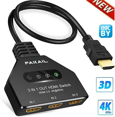 2FT 4K HDMI 2.0 Cable Auto Switch Switcher Splitter  Adapter 3 In-1 Out Device • $11.99