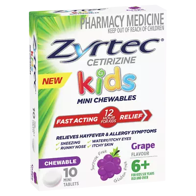 Zyrtec Kids Mini Chewables 10 Mini Tablets - Grape Flavour Relieves Hayfever • $21.50