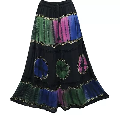 Bohemian Maxi Skirt Tie Dye Georgette Embroidered BLACK One Size 10 12 14 16 18 • £22.99