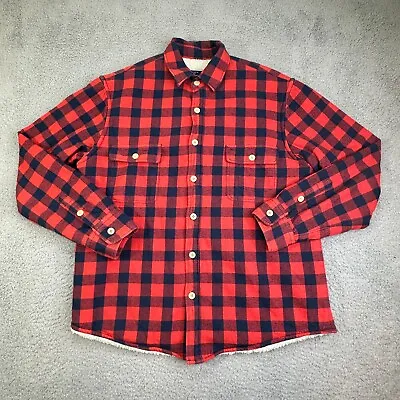 J Crew Jacket Mens Large Button Up Shacket Outdoor Sherpa Lined Red Plaid Fleece • $59.99