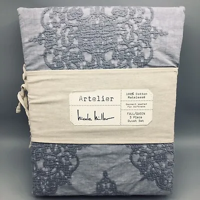 3pc Nicole Miller Artelier Blue FULL QUEEN Duvet Cover Sham Set Matelasse Cotton • $128.24