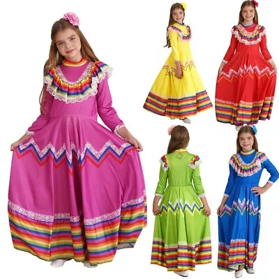 Kids Girl's Dress Mexican Fancy Dress Up Folklorico Princess Dress Traditional • $22.07