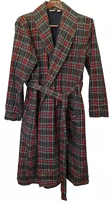 LL Bean Men's Flannel Fleece Lined Robe Size Medium Gray & Red 3 Pockets • $44.99