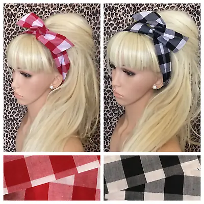 GINGHAM BIG CHECK COTTON FABRIC WIRED BOW WIRE HAIR SCARF HEAD BAND RETRO 50s • £4.99