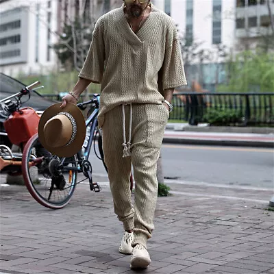 Men Outfit 2-Piece Set Short Sleeve Knitted Shirt And Pants Sweatsuit Set • $57.23