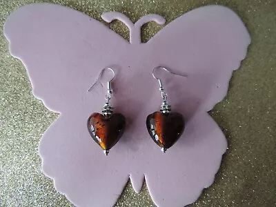 Beautiful Heart Brown Colour  Murano Glass Earrings & Cz. 2.8 Cm. Long + Hooks • $2.45