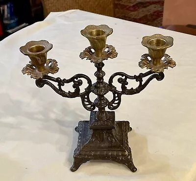 Antique Brass & Cast Iron Three Arm Candelabra Candle Holder  9  • $29.98