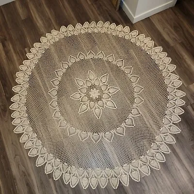 $65 • Buy Vintage Hand Crocheted Round Tablecloth Covering Ivory Antique 76  Diameter