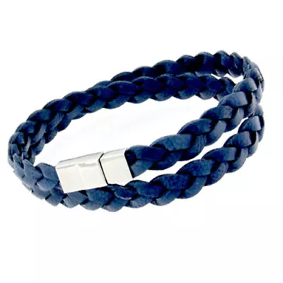 £34.75 • Buy Tribal Mens Leather Woven Bracelet Blue Stainless Steel Magnetic Clip 21cm 