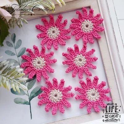 6 Handmade Crochet Daisy Flowers Fuchsia Pink Applique Scrapbooking Sewing Craft • £5.19