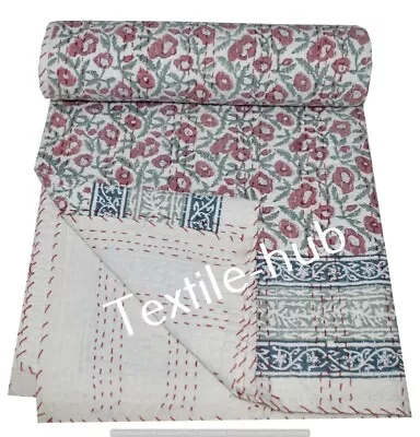£35.99 • Buy Indian Handmade Quilt Vintage Kantha Bedspread Throw Cotton Blanket Block Print