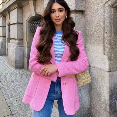 $120 • Buy Zara Textured Weave Tweed Pink Long Blazer Size M Bloggers Favorite