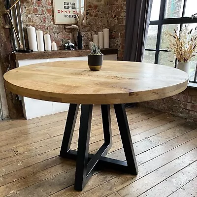 Ida Luxury Round Solid Mango Wood Industrial Dining Table Distressed Finish • £599