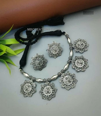 $25.59 • Buy Silver Oxidised Jewelry Set, Choker Style Indian Necklace, Bollywood Style