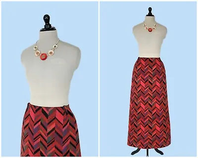 Vintage 60s/70s Orange Chevron Print Maxi Skirt 1960s Floor Length Skirt • $58