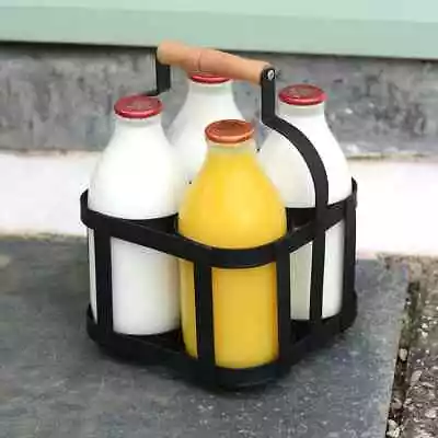 Metal Vintage 4 Bottle Milk Holder Carrier Rack Wooden Handle Retro Drinks Caddy • £16.71