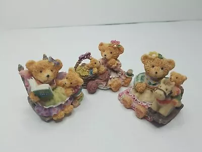 Set Of 3 Teddy Bear Mother & Baby Figurines W/Basket W/ Book W/ Rocking Horse • £19.25