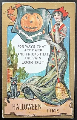 Halloween Off-Duty Witch With Broom JOL Black Cat Burning Matches Old Postcard • $38